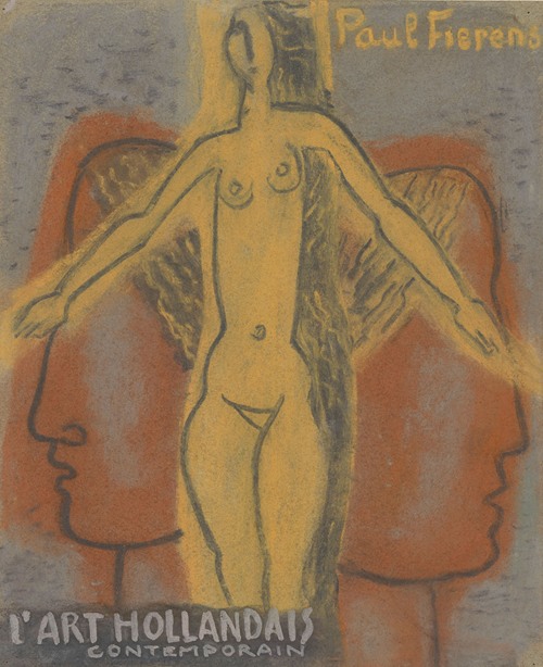 Ontwerp voor Paul Fierens ‘l’Art Hollandais contemporain’; naakte vrouw tussen twee van elkaar weg kijkende mannen hoofden.