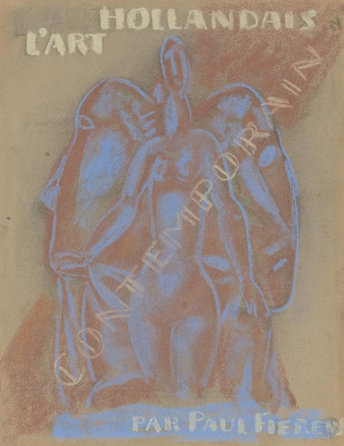 Ontwerp voor Paul Fierens ‘l’Art Hollandais contemporain’; naakte vrouw tussen twee van elkaar weg kijkende mannen hoofden.