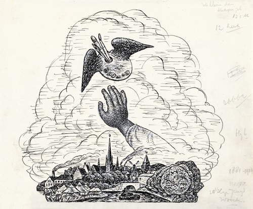 Zonder titel Vignet voor biografie van Gestel door Van der Pluym, gezicht op Woerden met daarboven een hand die reikt naar een gevleugeld palet