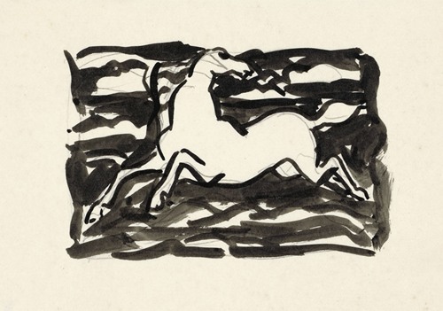 Springend paard met het hoofd naar achteren gedraaid in een kader met op de achtergrond golven.