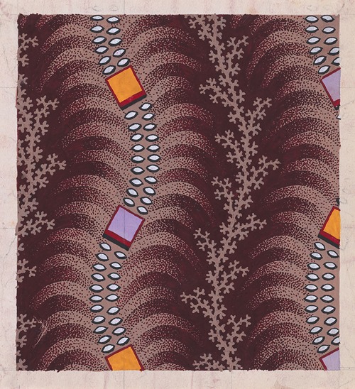 Textile Design with Undulating Vertical Strips of Squares Joined by Lens-Shaped Pearls over Undulating Stylized Palm Leaves Separated by Vertical Garlands of Branches