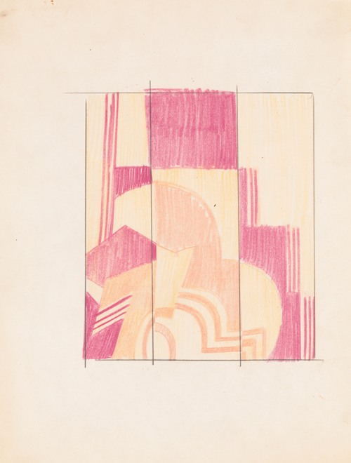 Design sketches for stepped, three-panel, painted decorative folding screens.] [Drawing of plans, elevation, and details