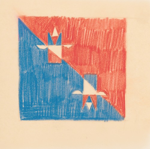 Miscellaneous small sketches for inlaid table tops.] [Design with red and blue cubic motif (1930)