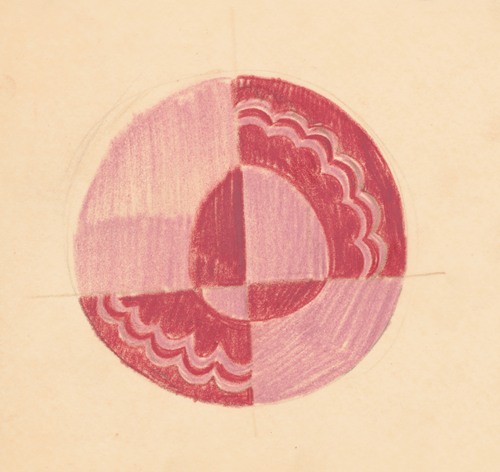 Miscellaneous small sketches for inlaid table tops.] [Design with red and pink circular motif