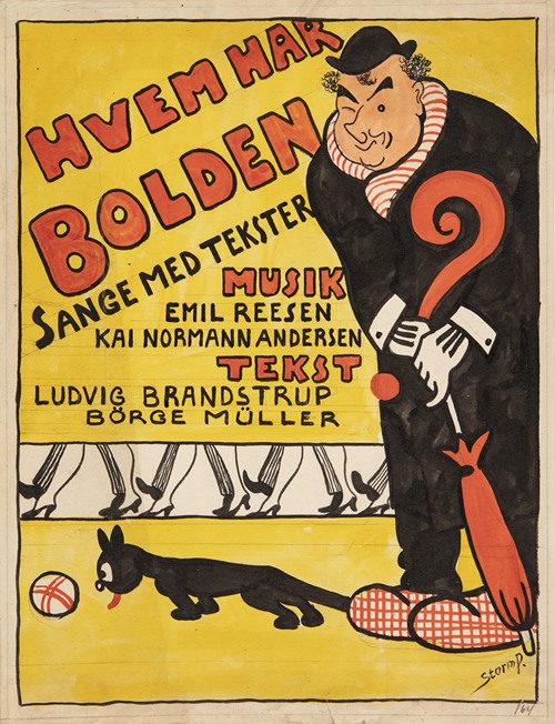 Forlæg til titelblad til ‘Hvem har Bolden’. Karikeret portræt af Carl Alstrup