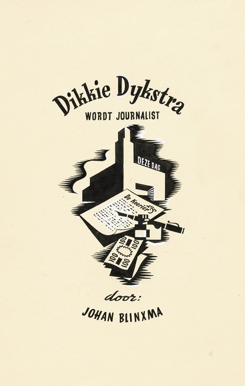 Ontwerp voor een titelpagina voor; Johan Blinxma, Dikkie Dijkstra wordt journalist, c. 1947