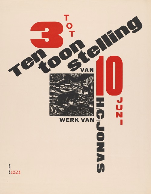 Affiche voor een tentoonstelling van werk H.C. Jonas. 3 tot 10 juni met prent van walvis en schipbreukeling