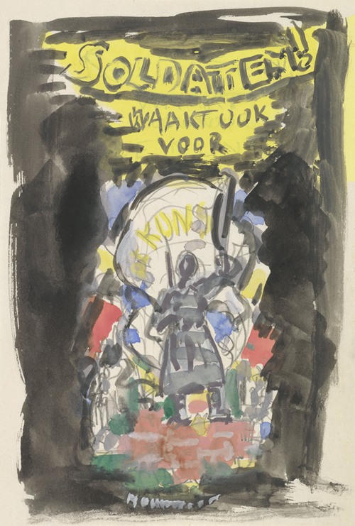 Ontwerpschets affiche voor propaganda kunstbescherming in het leger, schets van soldaat frontaal gezien staand op een bakstenen muurtje, erboven de tekst ‘Soldaten ! waakt ook voor Kunst’.