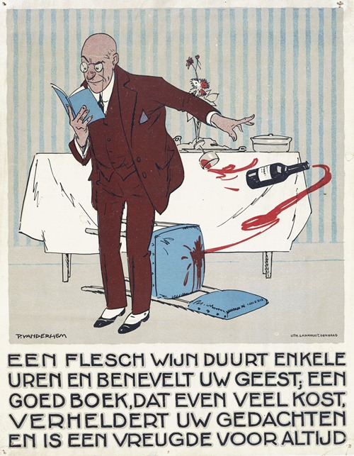Lezende man stoot per ongeluk een fles en glas wijn van tafel
