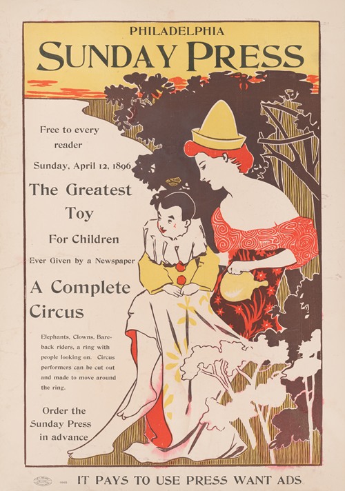 Free to every reader, Sunday, April 12th, 1896; the greatest toy for children ever given by a newspaper – a complete circus.