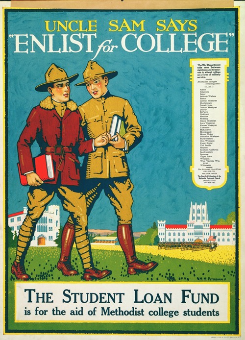 Uncle Sam says ‘Enlist for college’ The student loan fund is for the aid of Methodist college students