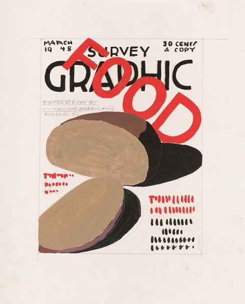 Graphic design for cover of Survey Graphic Magazine; ‘Food’.] [Design with text and food items