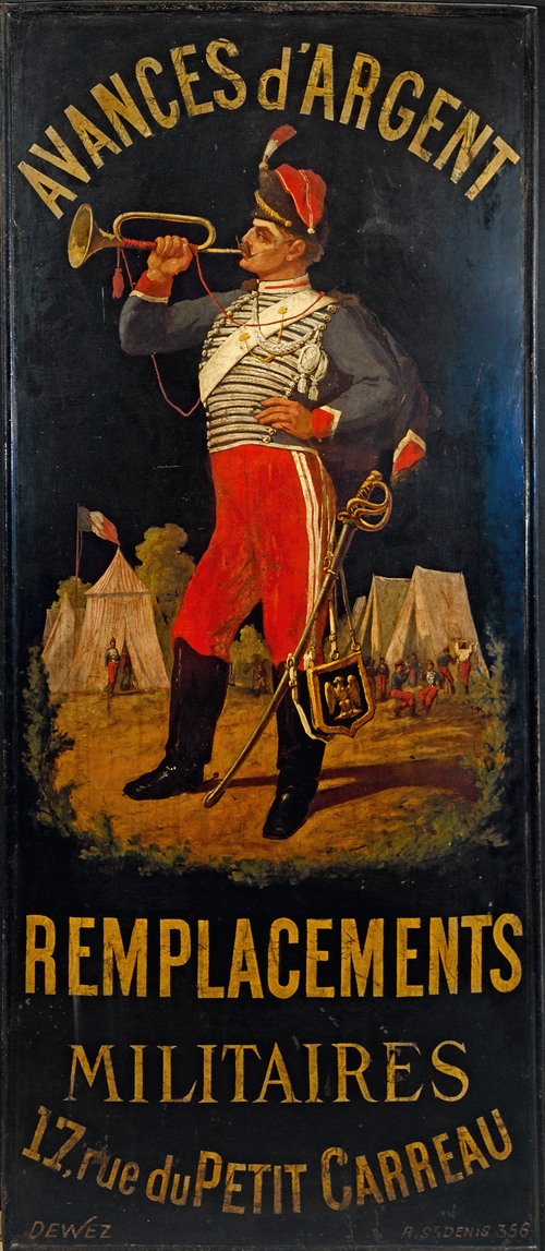 Au hussard. Enseigne de bureau de remplacement militaire. 17 rue des Petits- Carreaux, 11ème arrondissement, Paris