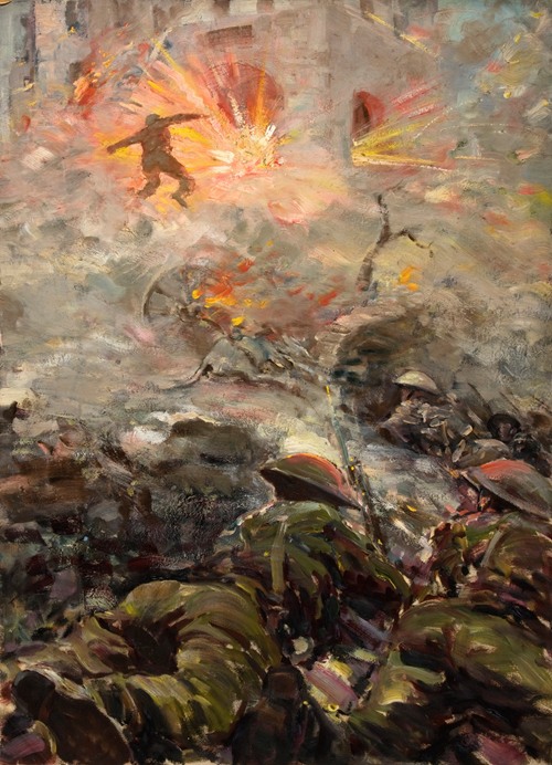 British soldiers throwing grenades at pill-box fortification