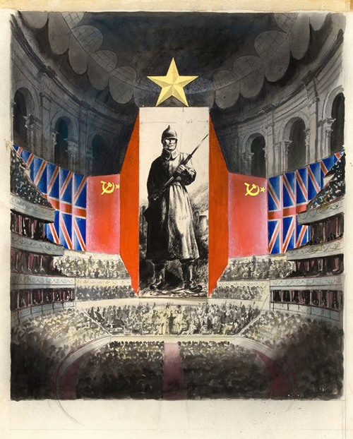 Concert hall and orchestra against picture of Russian infantryman