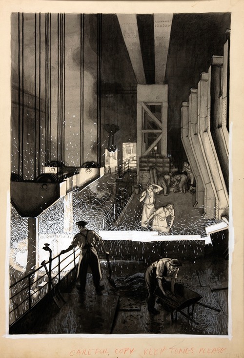 Foundry scene (men supervising pouring of molten metal)