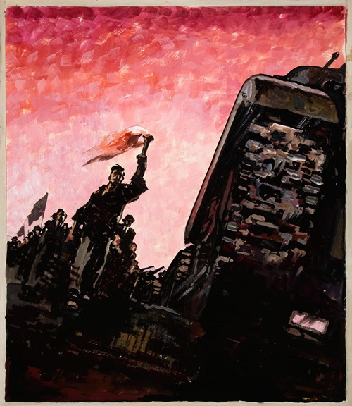 Man with lighted torch at head of a column of civilians, some carrying flags, marching beside tanks