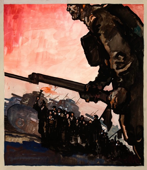 Man with lighted torch at head of a column of civilians