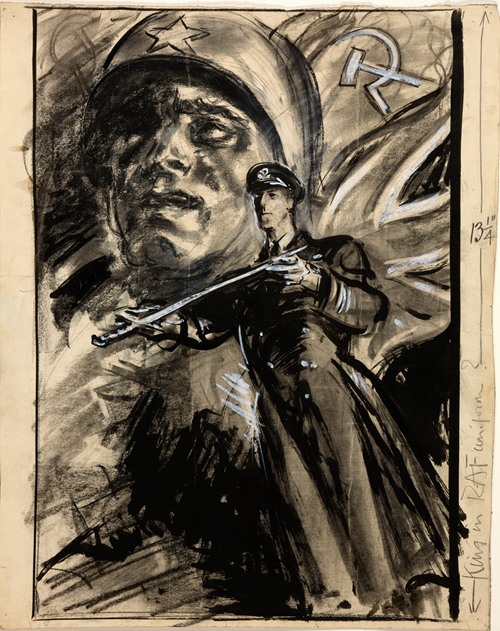 Officer presenting sword; head of Russian soldier with Red Flag and Union Jack