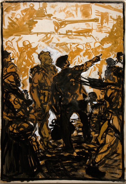 Troops and tank moving through crowded street, man giving directions to soldier