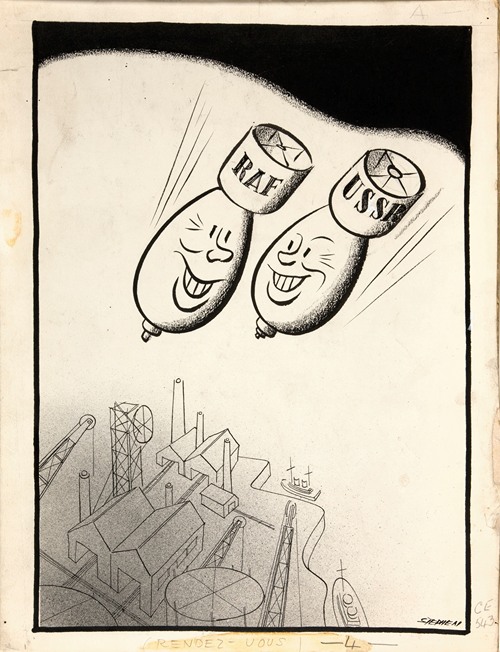 USSR and RAF bombs falling together on factory and docks