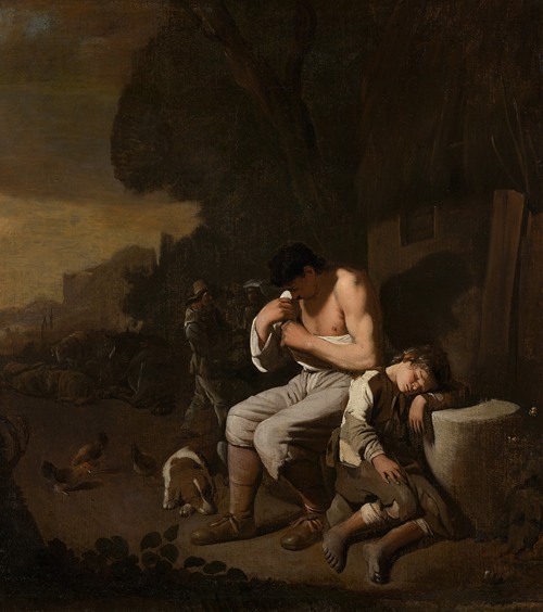 A Sleeping Boy and a Man Removing Fleas from Himself