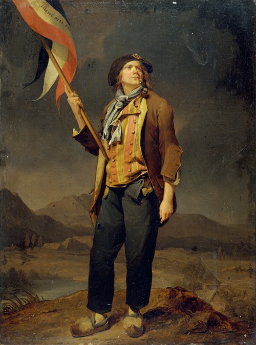 Portrait du chanteur Simon Chenard (1758-1832), en costume de sans-culotte, portant un drapeau à la fête de la liberté de la Savoie, le 14 octobre 1792