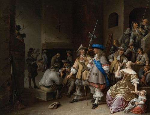 A Guardroom Interior With A Company Of Pikemen, Card Players, And A Woman With A Child