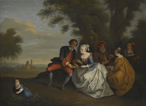 An Elegant Company Seated Outdoors With A Couple Looking At A Bird’s Nest