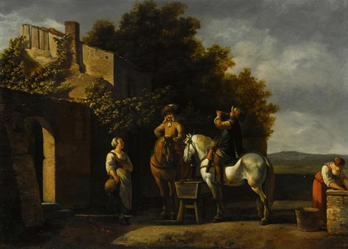 Cavaliers On Horseback Resting Outside An Inn With A Courtyard Beyond