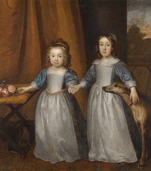 Portrait Of Two Young Girls On A Terrace With Two Hounds, A Landscape Beyond