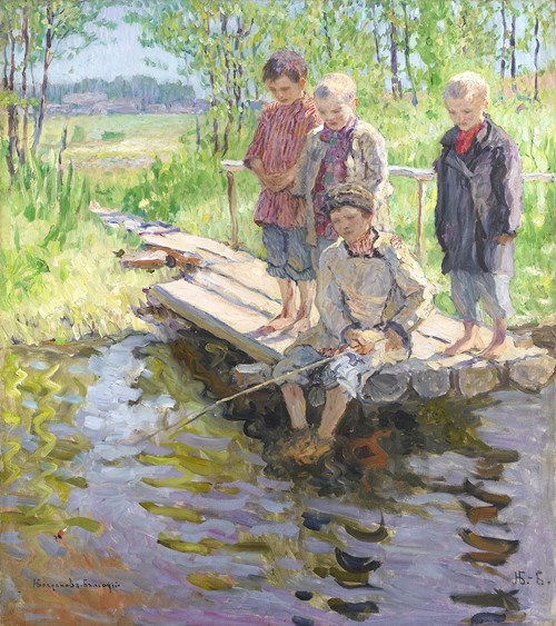 Boys Fishing by Nikolai Petrovich Bogdanov-Belsky Reproduction Painting for  Sale