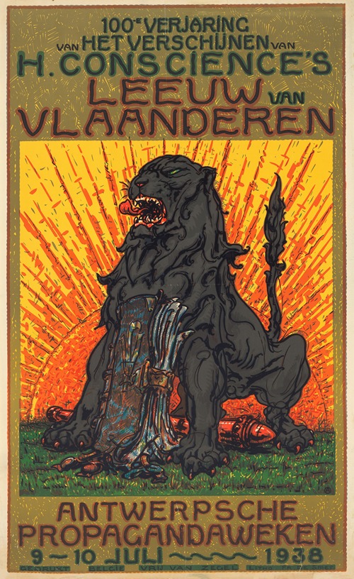 Affiche ter gelegenheid van het honderdjarig jubilieum van de publicatie van De Leeuw van Vlaanderen door Henri Conscience