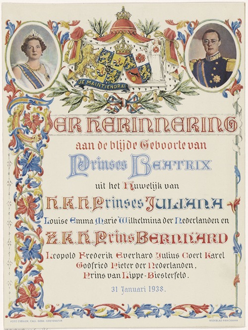 Feestplaat ter ere van de geboorte van Beatrix, koningin der Nederlanden, op 31 januari 1938