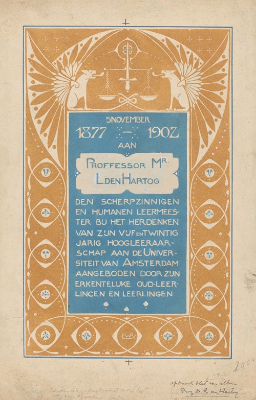 Opdrachtblad voor een album voor Prof. Mr. L. den Hartog