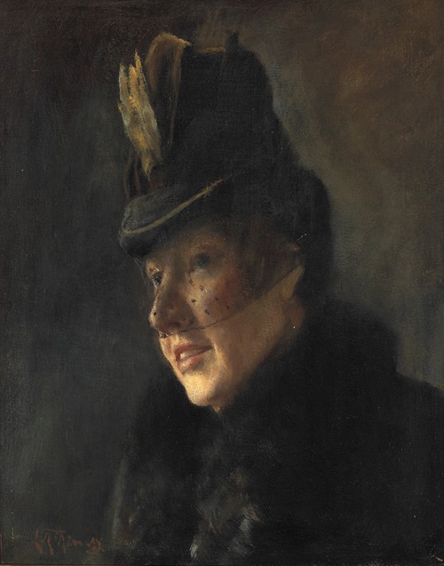 Portræt af en ung kvinde i frakke med pelskrave og hat med slør (1886)