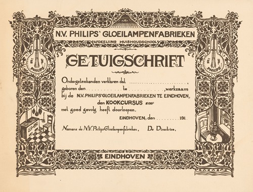 Getuigschrift van de kookcursus bij de Philips Huishoudschool