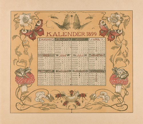 Kalender van het jaar 1899, met bloemen, insecten en kikkers.
