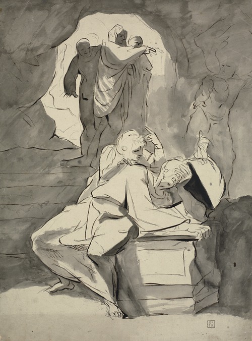 A man in despair over a tombstone in a cave with other figures