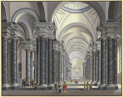 Blick in das Innere einer Barockkirche mit schwarzen Marmorsäulen und Staffagefiguren in der Tracht des 17. Jahrhunderts, 1790