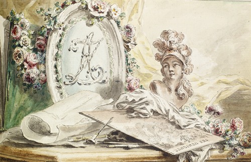 Monogram of Adrian Zingg Adorned with Flowers, Bust of Minerva