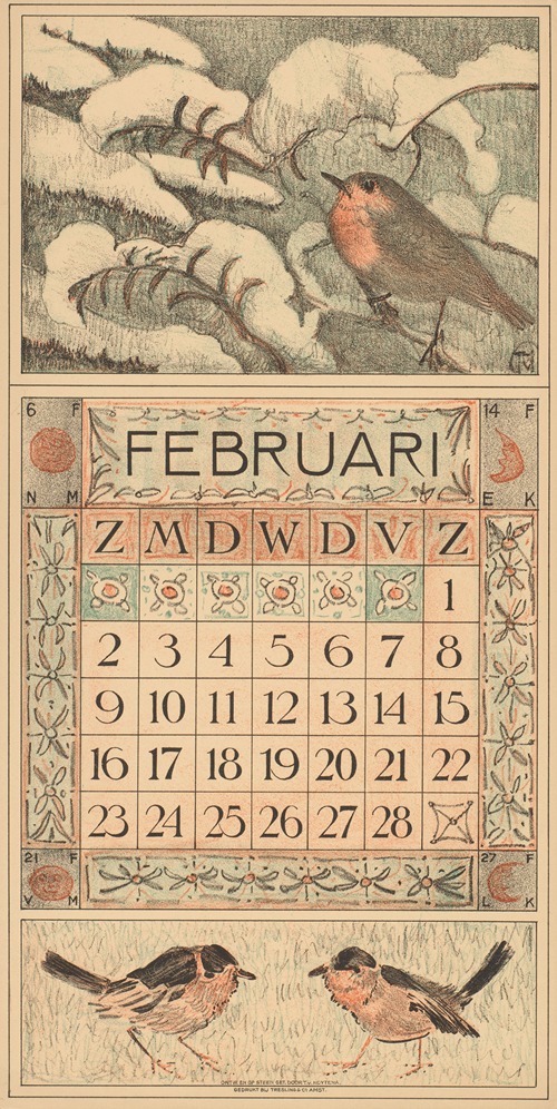 Kalenderblad voor februari 1913 met een roodborstje op een besneeuwde boomtak