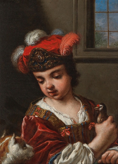 A Girl, Half-Length, Holding A Bird, With A Cat In The Foreground