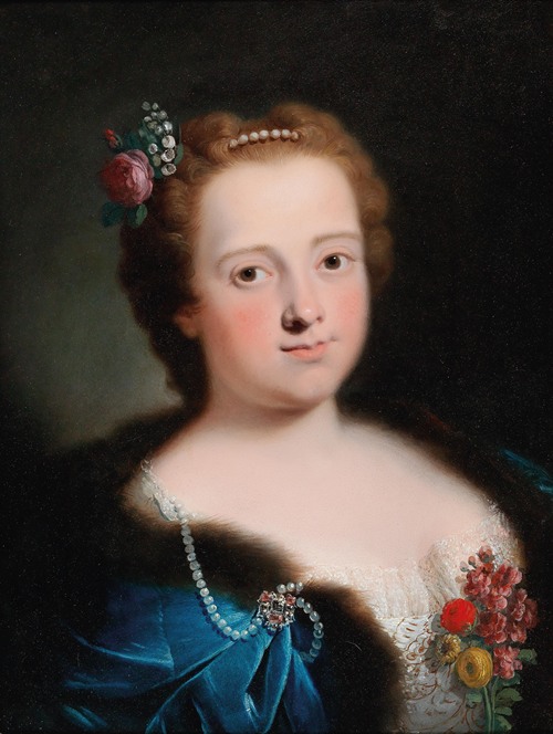 Portrait Of A Lady, Bust- Length, In A White Embroidered Dress And Blue, Fur-Lined Cape
