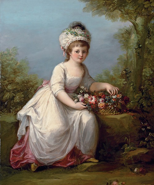 Portrait of a young girl, full-length, seated in a white dress with a basket of flowers, in a landscape