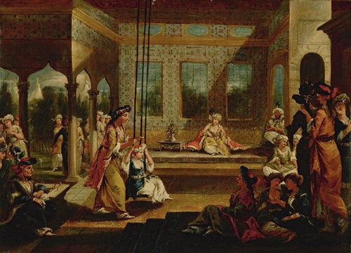 A Harem Scene With Soldiers Smoking And Odalisques Relaxing And Playing On a Swing In An Interior Courtyard