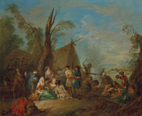 Soldiers And Vivandières Cooking And Resting Around A Campfire, A Wagon And A Tent Beyond