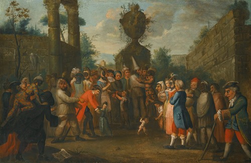 A Street Scene With Commedia Dell’arte Performers Gathered Around A Monkey, An Urn Beyond