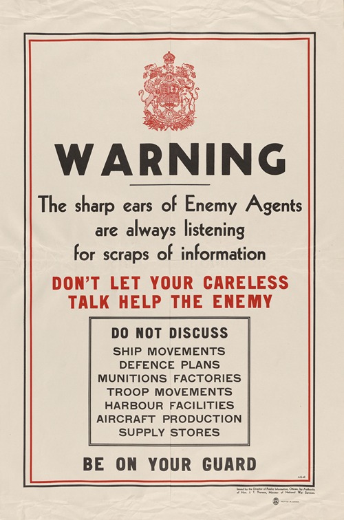 Warning. The sharp ears of enemy agents are always listening for scraps of information. Don’t let careless talk help the enemy.