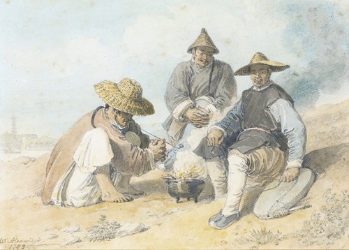 Three Chinese Figures Smoking, The Bridge Pagoda, Shanghai Beyond